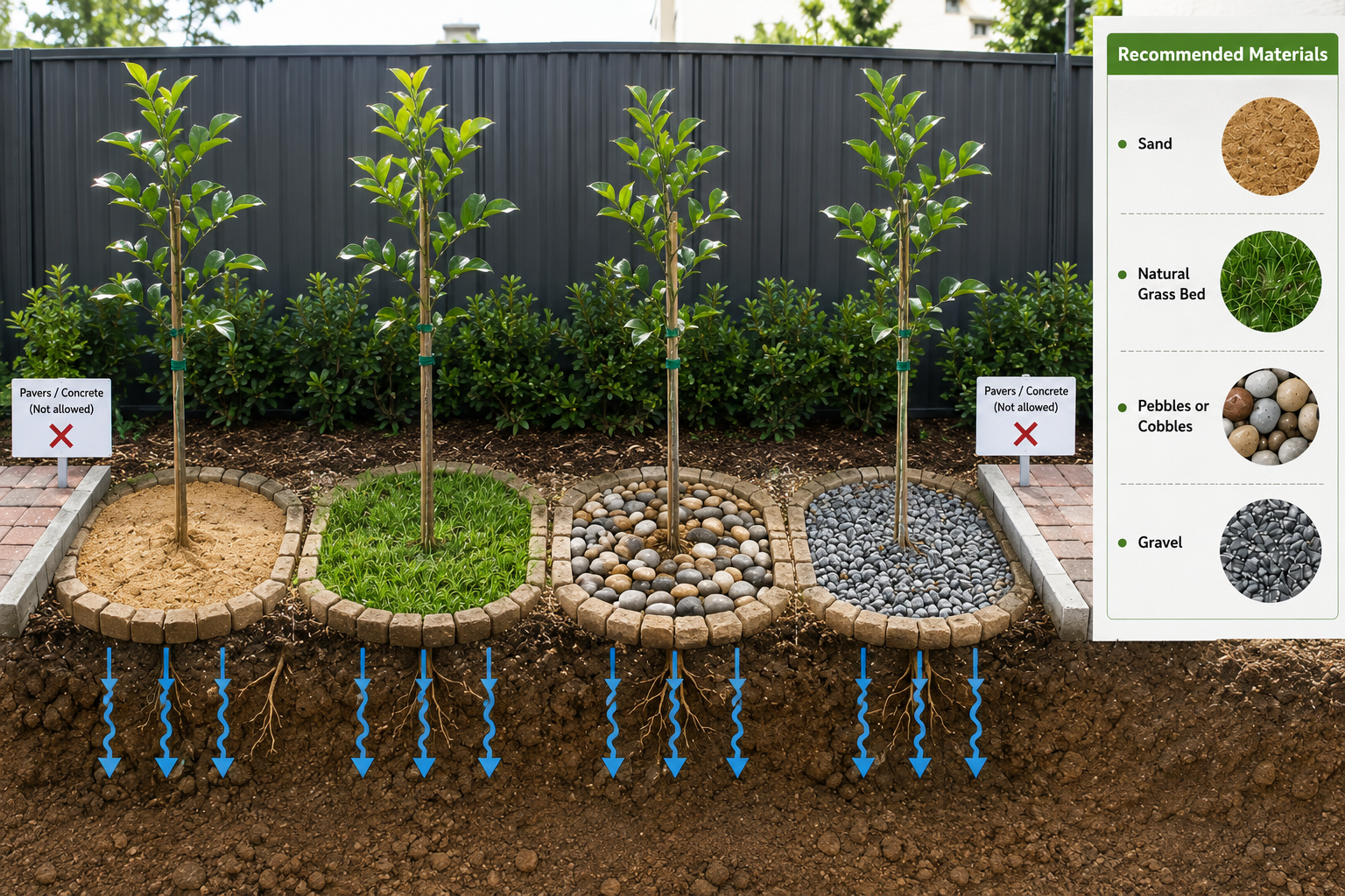 Diagram showing a tree strip with permeable materials